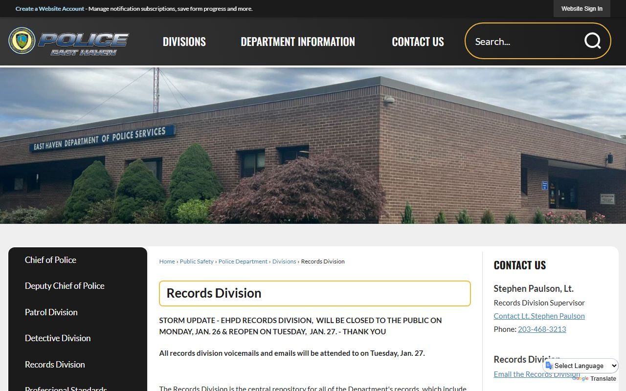 East Haven Police Department Records Division building for accessing criminal records