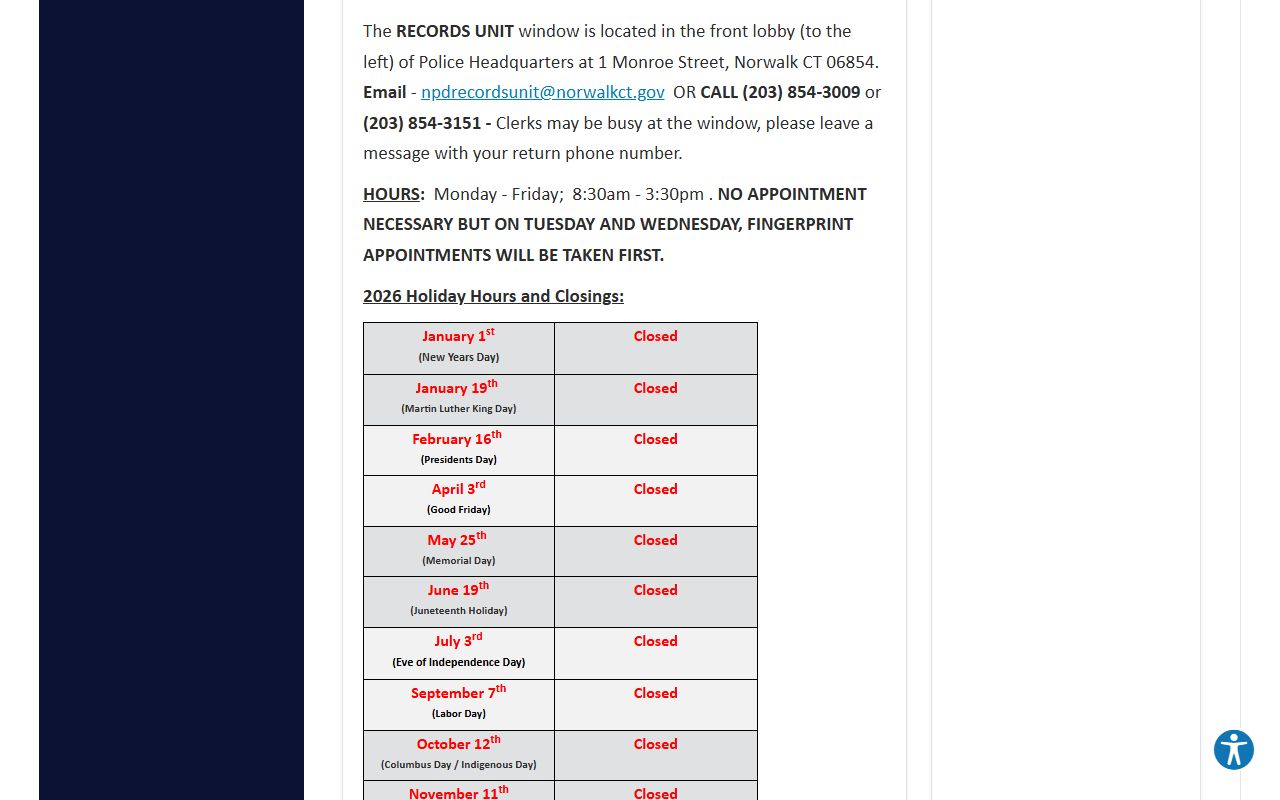 Norwalk Police Department FAQ page with criminal records information