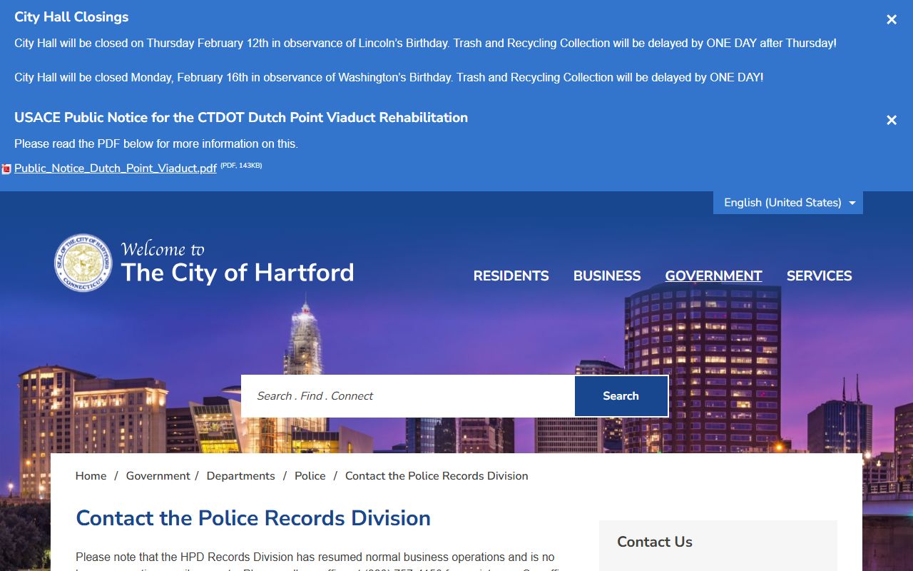 Hartford Police Department records division for arrest reports