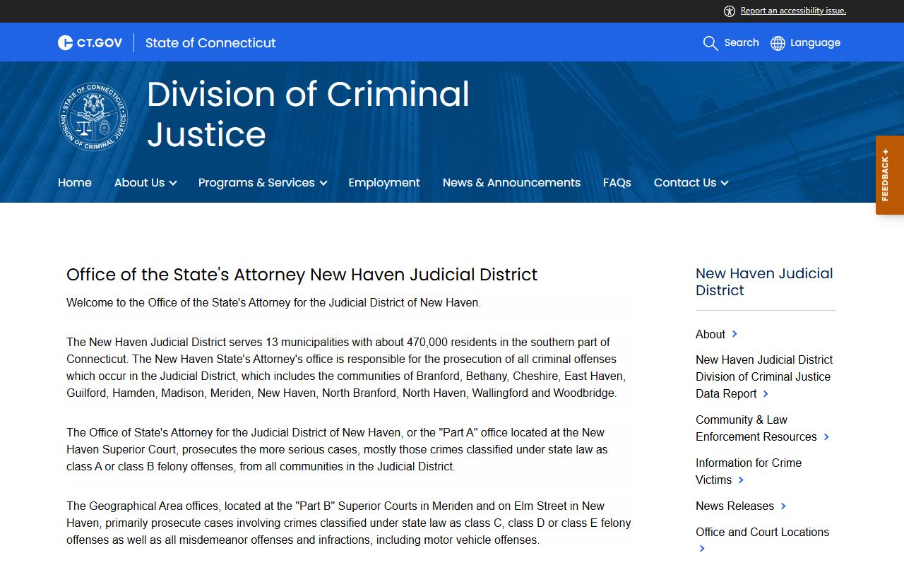 New Haven Judicial District State's Attorney office for criminal records access