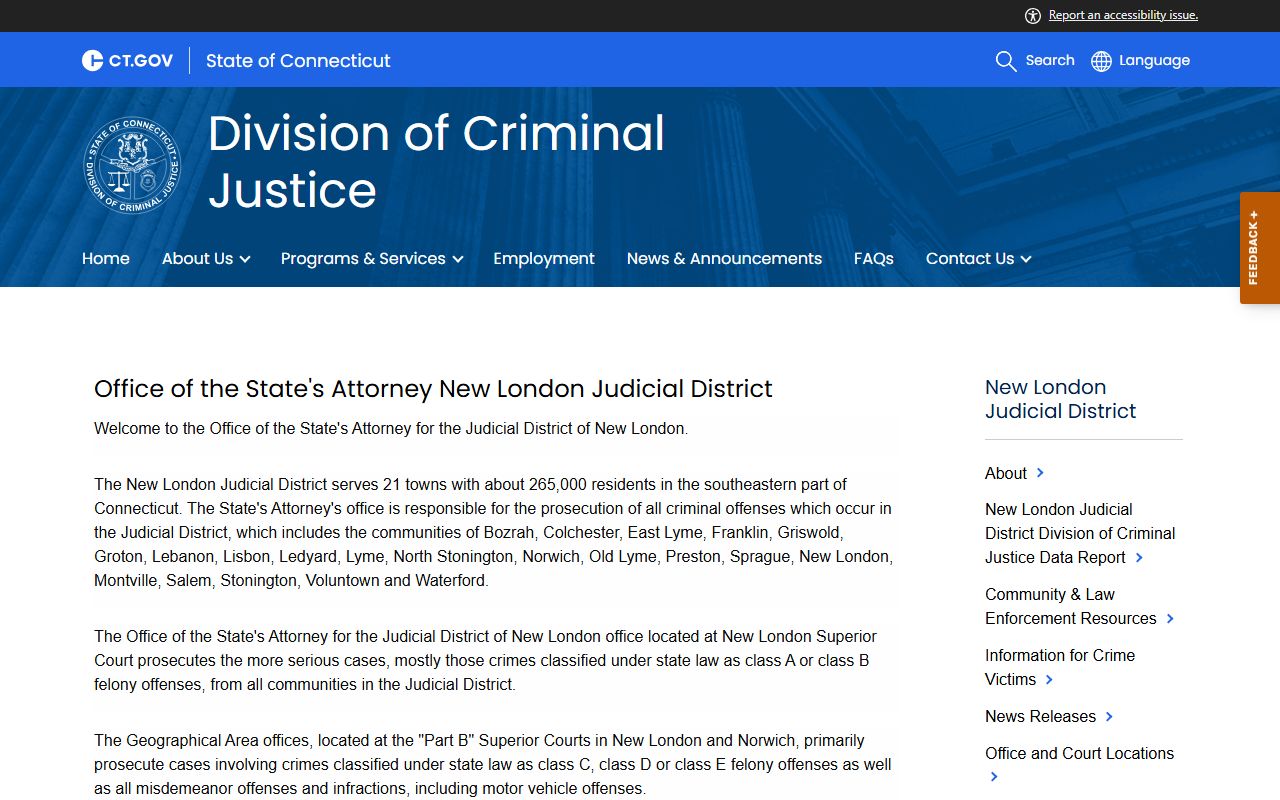 New London State's Attorney office for criminal cases and prosecution records