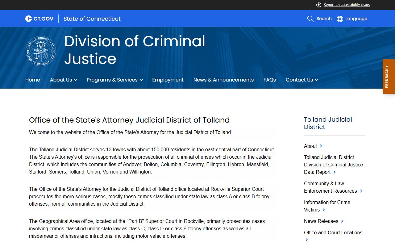 Tolland State's Attorney office for Tolland County criminal records