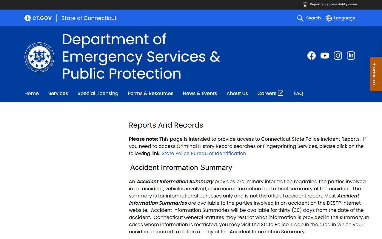 Connecticut State Police incident reports request portal
